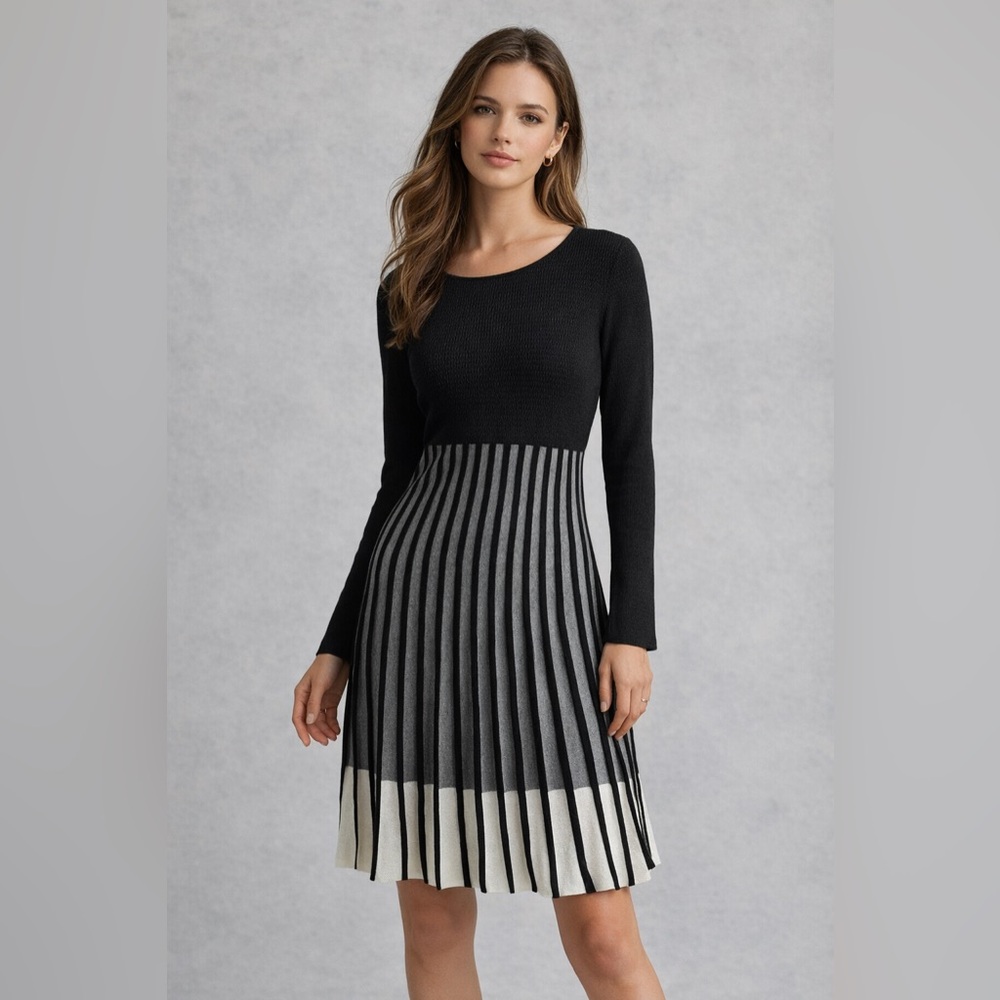 Ellen Tracy Black and Gray Long Sleeve Dress